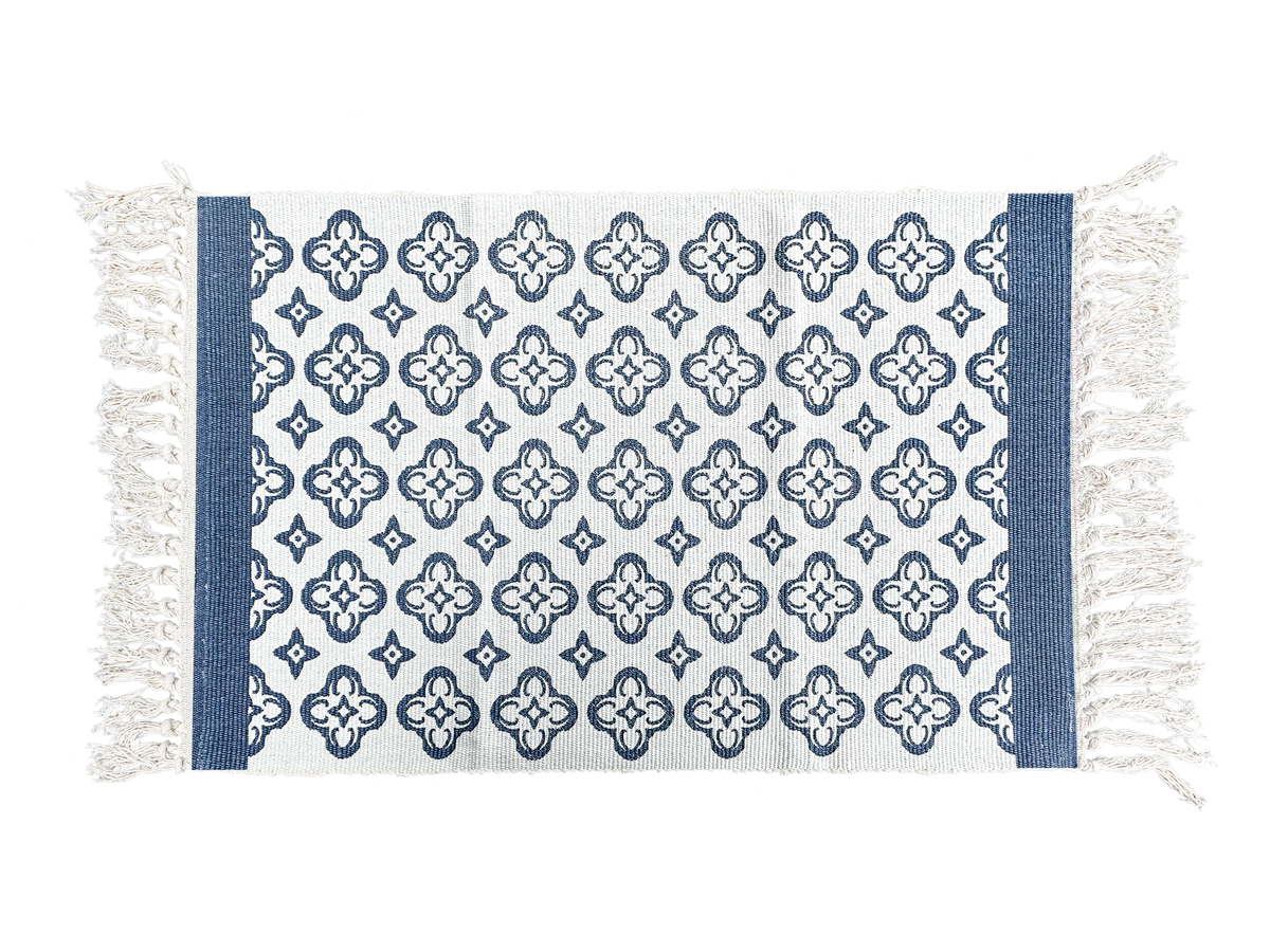 Blue Tile Pattern Layering Rug – Moroccan-Inspired Decorative Mat with Fringe for Porch, Entryway, or Farmhouse Decor