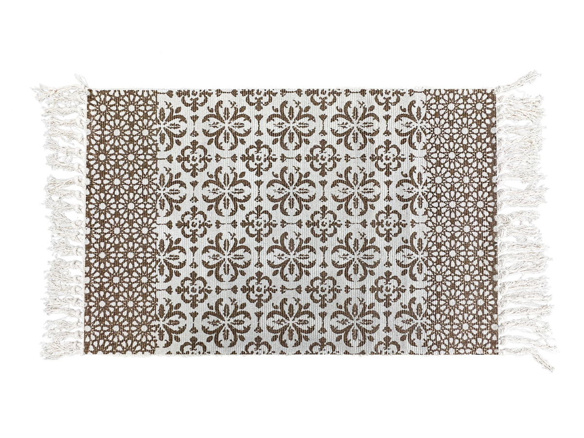 Brown Mandala Floral Layering Rug – Boho Fringed Mat for Rustic Porch, Entryway, or Indoor Use