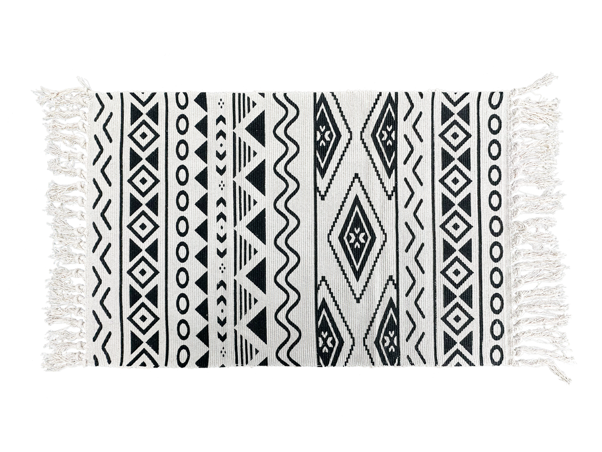 Black and White Layering Rug – Boho Tribal Geometric Fringe Mat for Porch, Entryway, or Living Room Decor
