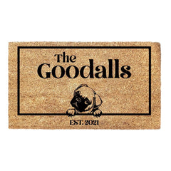 Pug & Personalised Family Name - Doormat