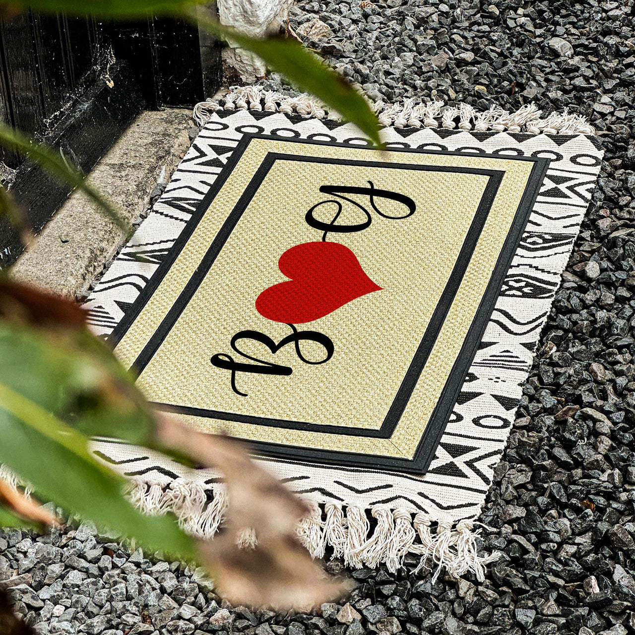 Personalized Initial Red Heart Door Mat - Home Decor - SAND