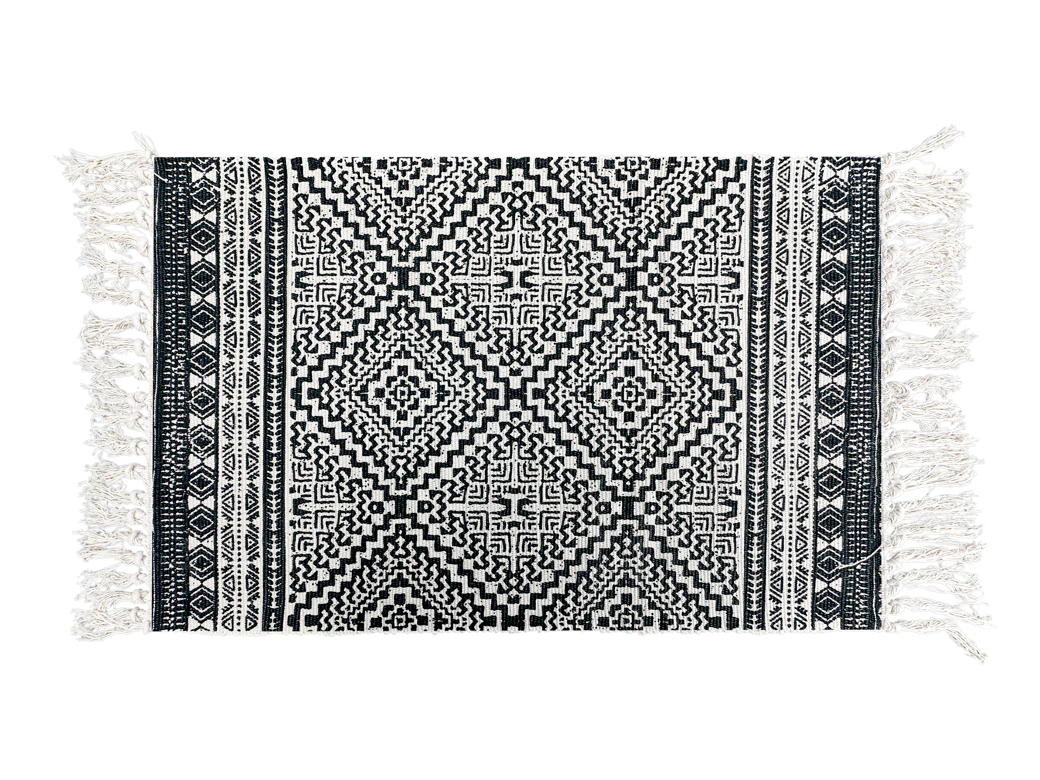 Black & White Geometric Layering Rug – Tribal Maze Pattern Accent Mat with Fringes for Porch, Entryway, or Kitchen