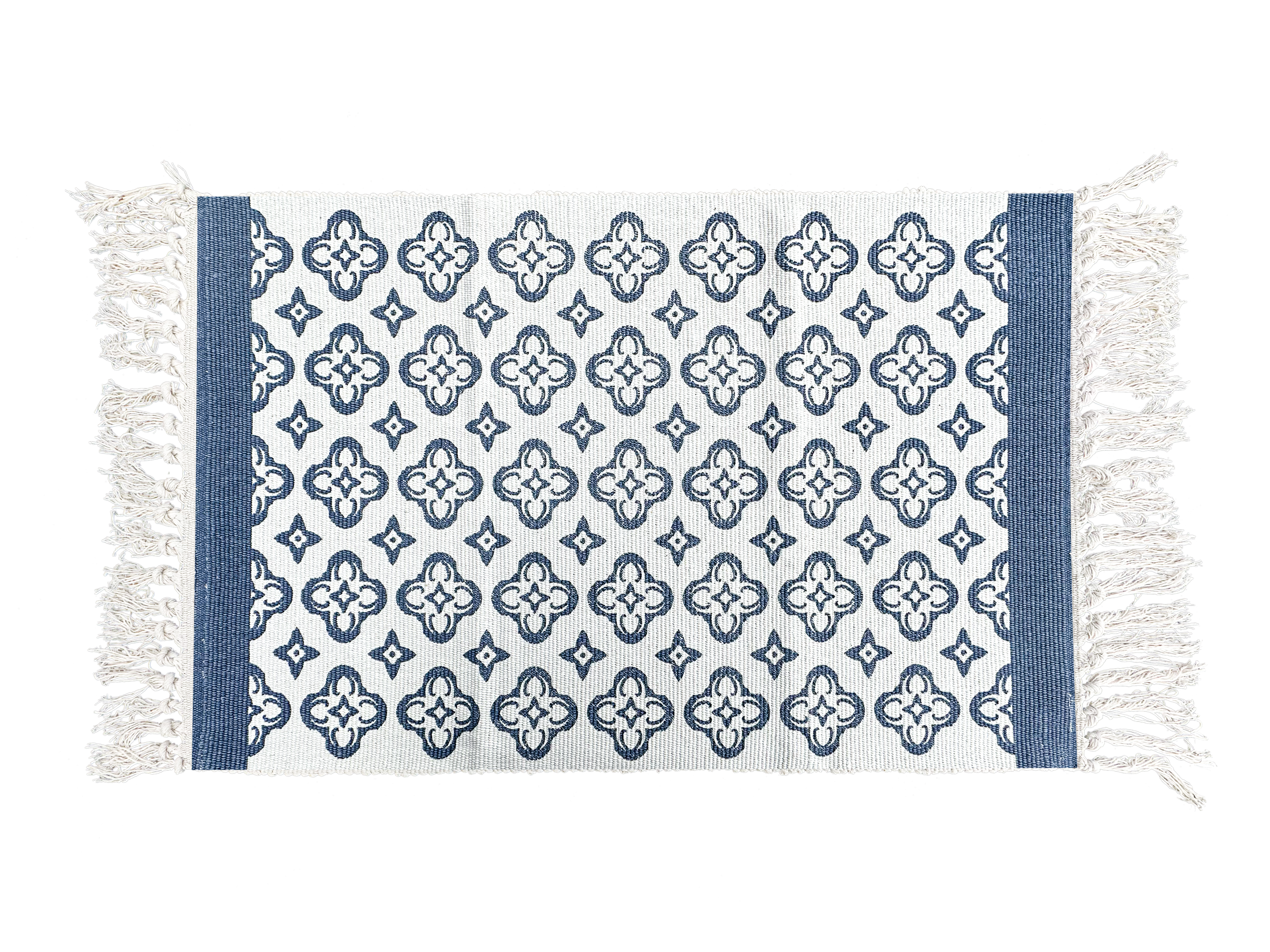 Blue Tile Pattern Layering Rug – Moroccan-Inspired Decorative Mat with Fringe for Porch, Entryway, or Farmhouse Decor