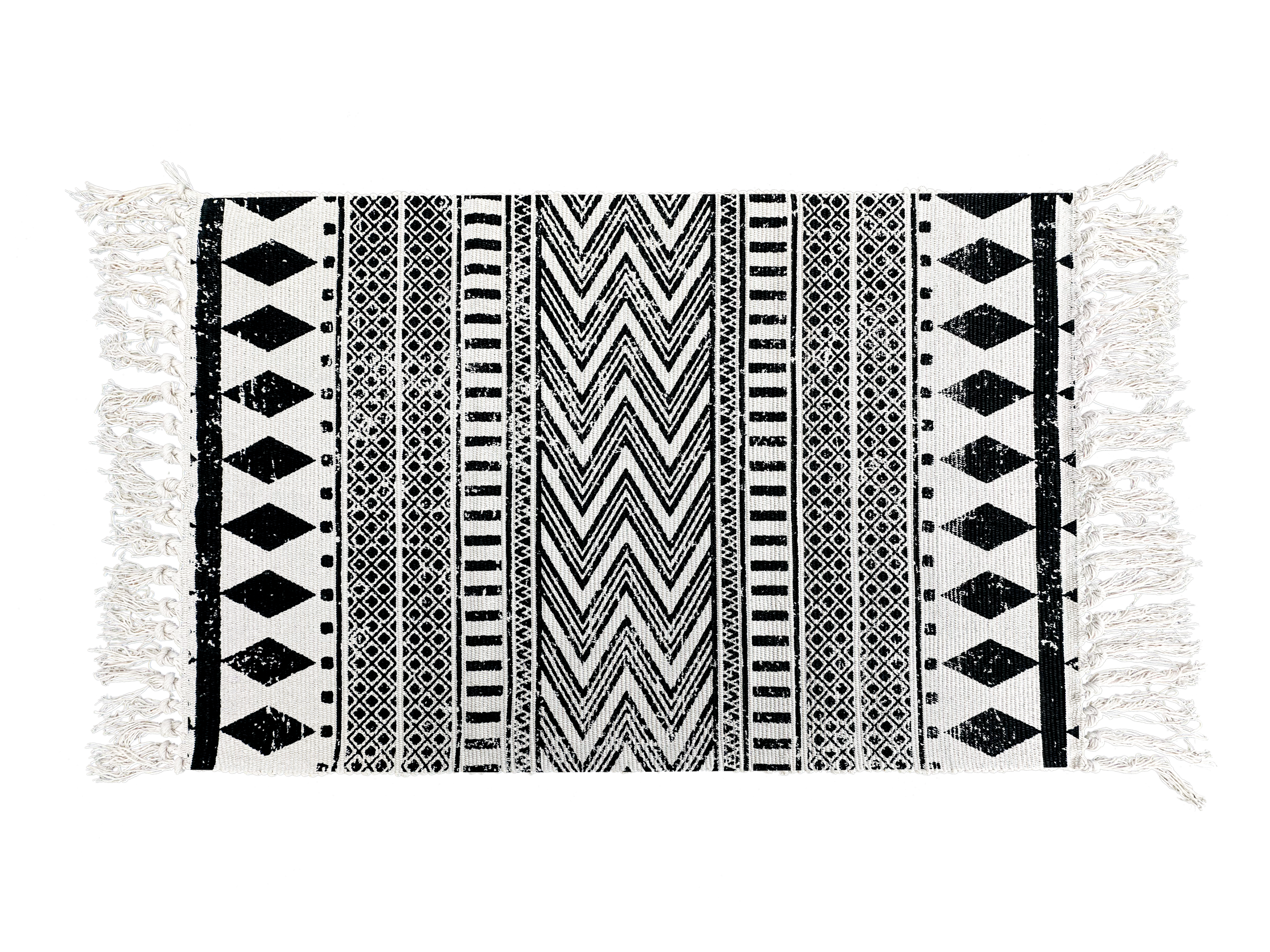 Black Chevron Tribal Layering Rug – Geometric Striped Accent Mat with Fringe for Entryway or Porch