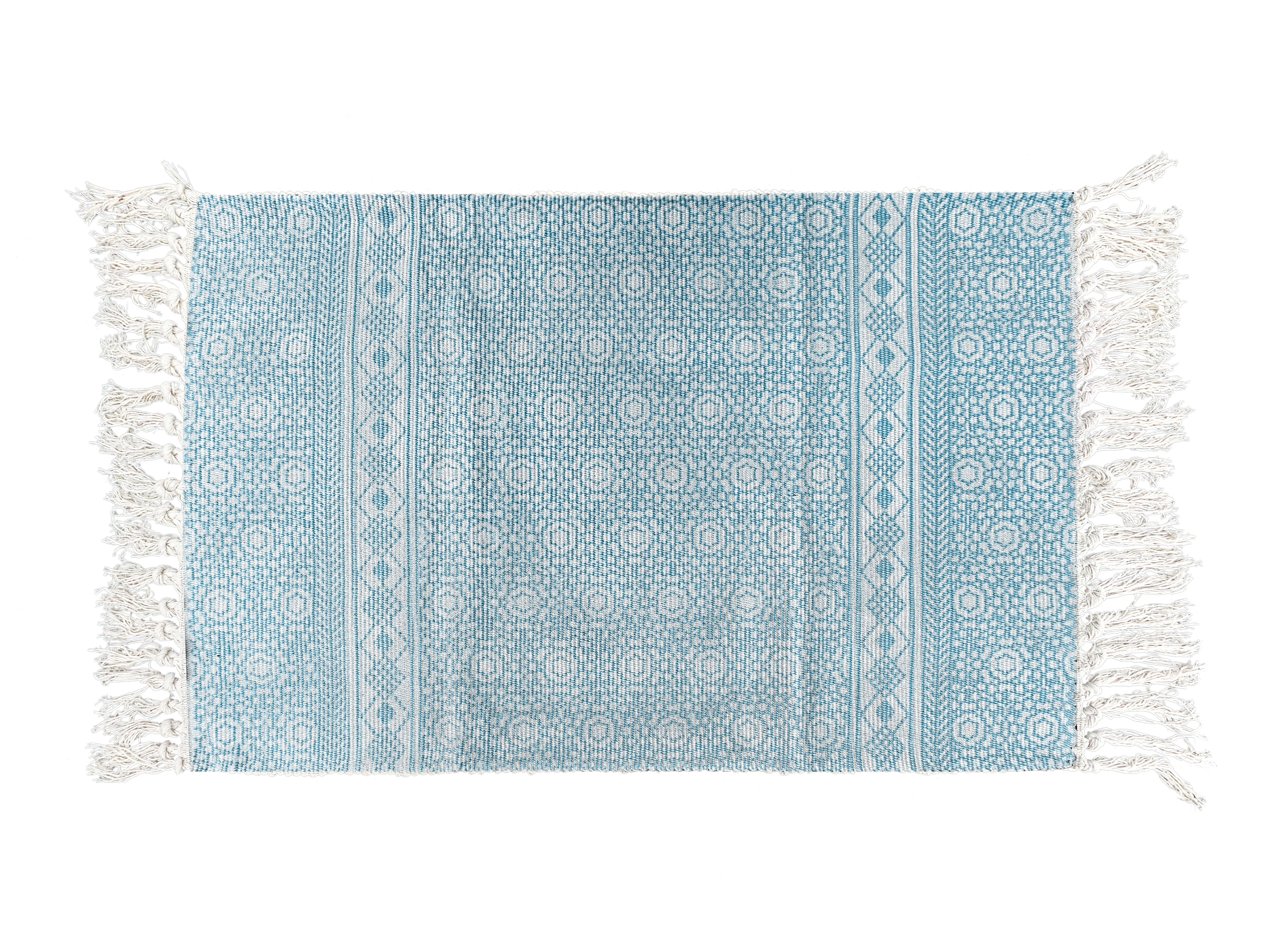 Sky Blue Boho Layering Rug – Soft Woven Pattern Mat with Fringe for Entryway, Kitchen or Outdoor Porch Decor
