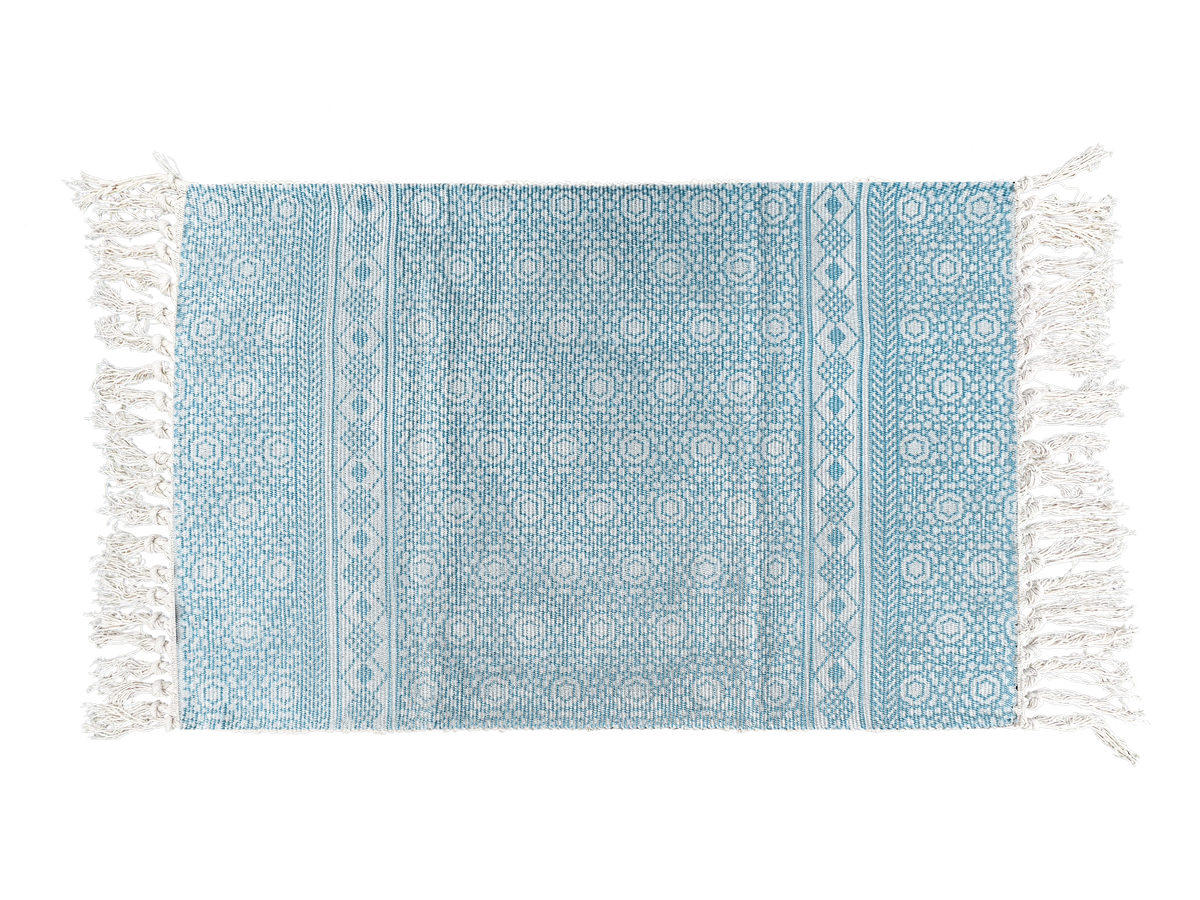 Sky Blue Boho Layering Rug – Soft Woven Pattern Mat with Fringe for Entryway, Kitchen or Outdoor Porch Decor