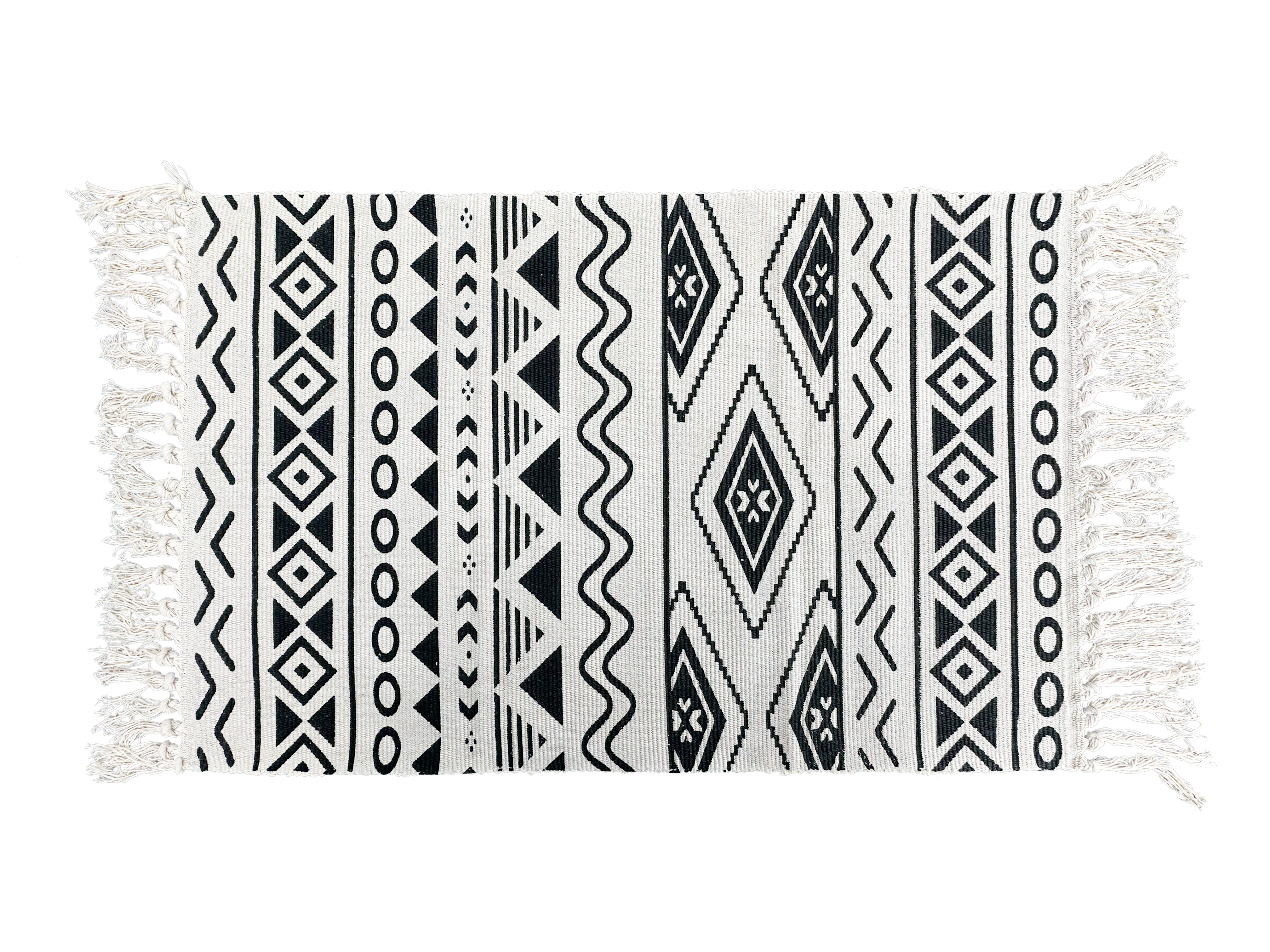 Black and White Layering Rug – Boho Tribal Geometric Fringe Mat for Porch, Entryway, or Living Room Decor
