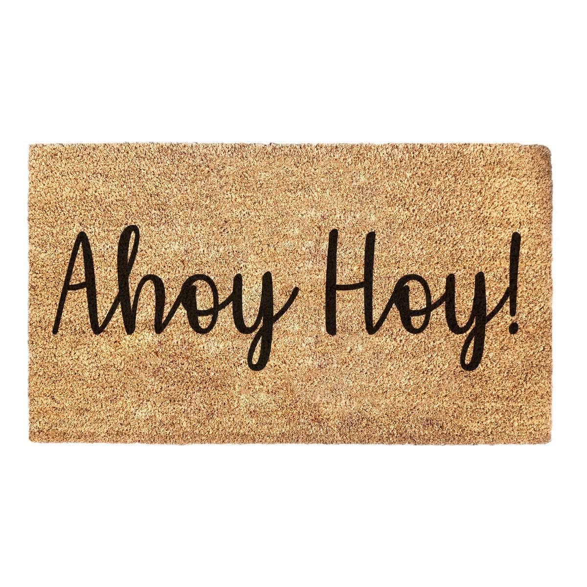 coir door mat with 'ahoy hoy!' printed on it.