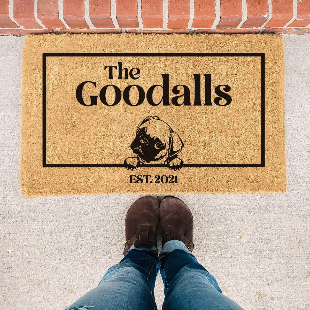 Pug & Personalised Family Name - Doormat