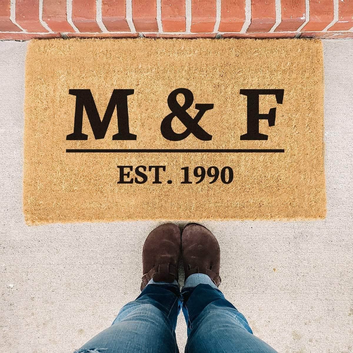 Personalized Bold Underlined Initials and Est. Date Serif Doormat
