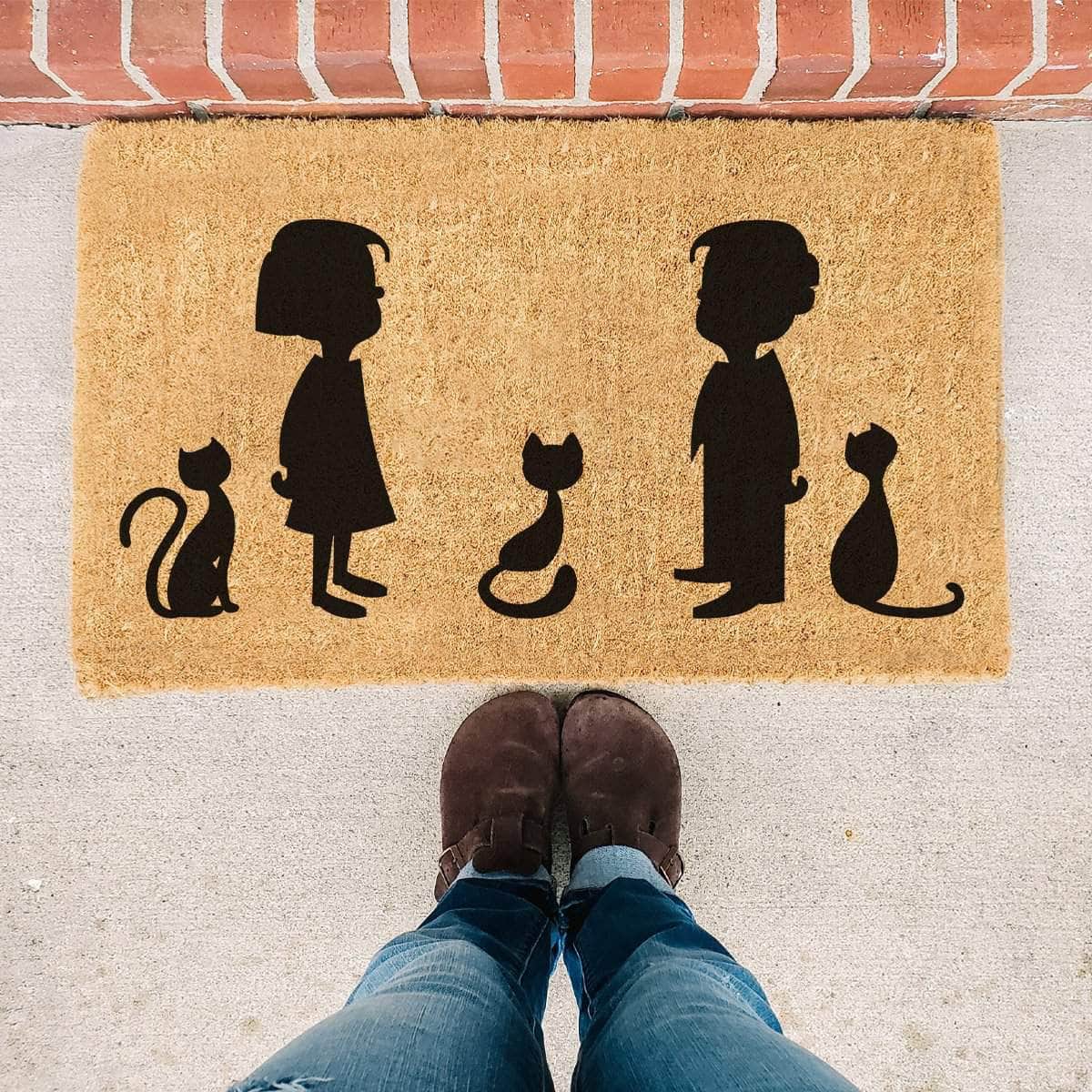 Cartoon Kids and Cats Doormat - Family Doormat